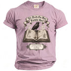 Crow on open book with ring, "Til Death, Our Most Faithful Spell" quote.