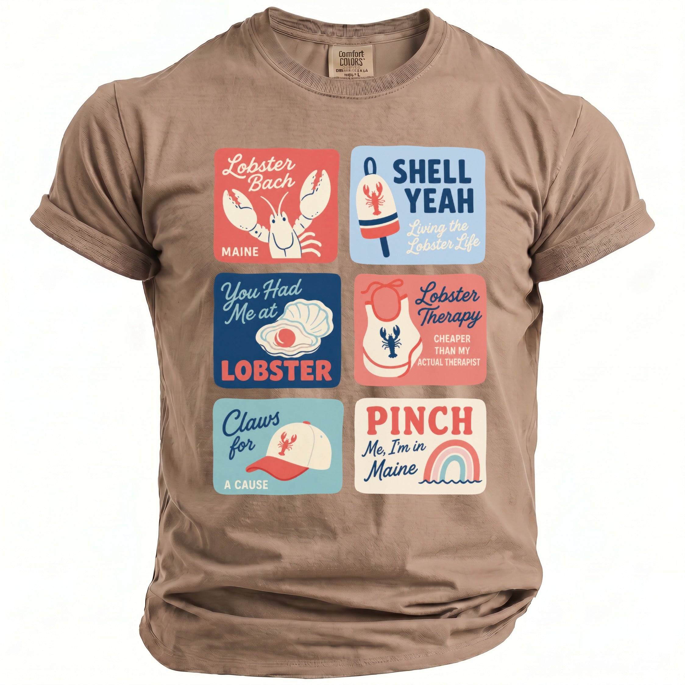 Brown t-shirt with six square graphics featuring lobsters, text, and Maine themes.
