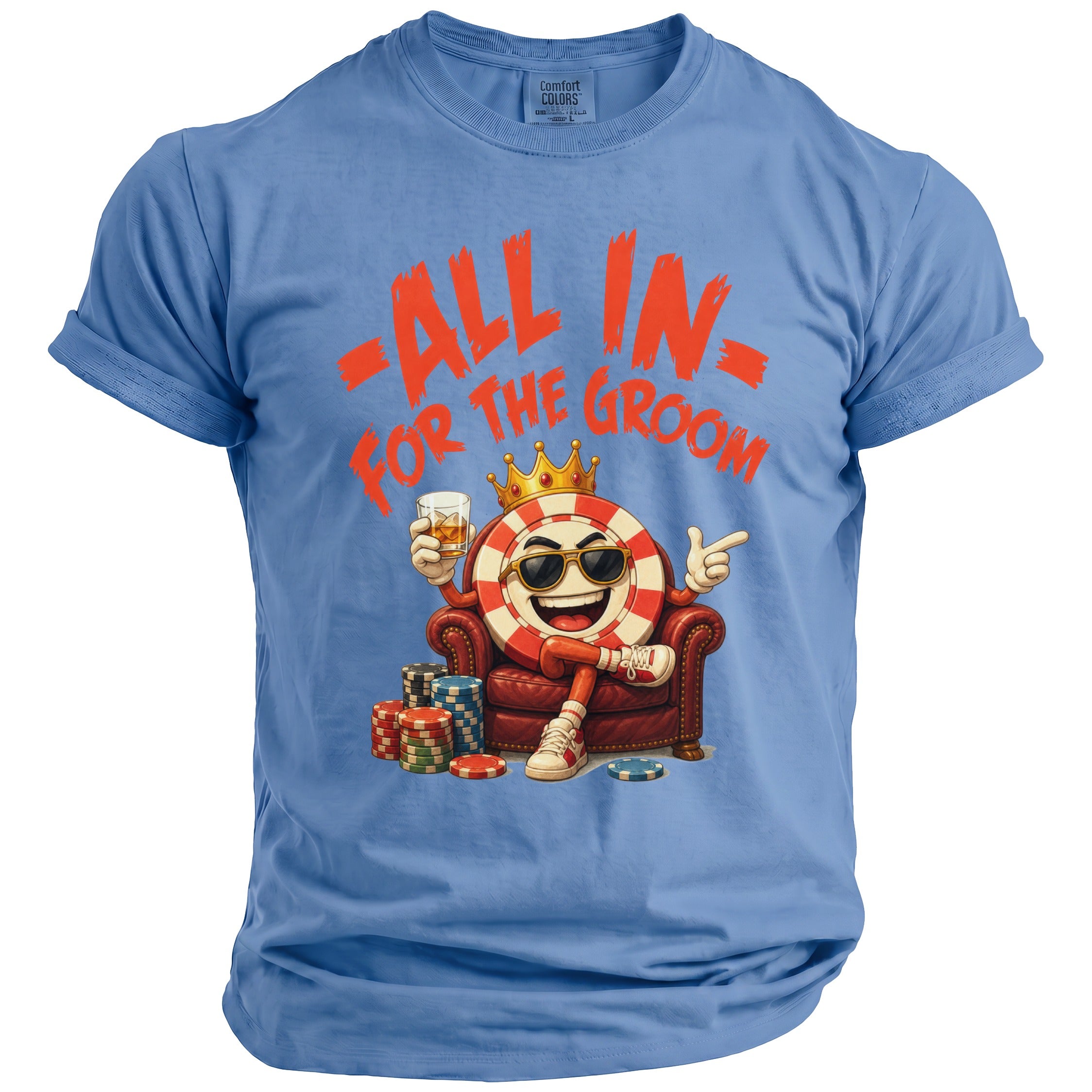 Cartoon poker chip with crown and sunglasses, holding drink, on t-shirt.