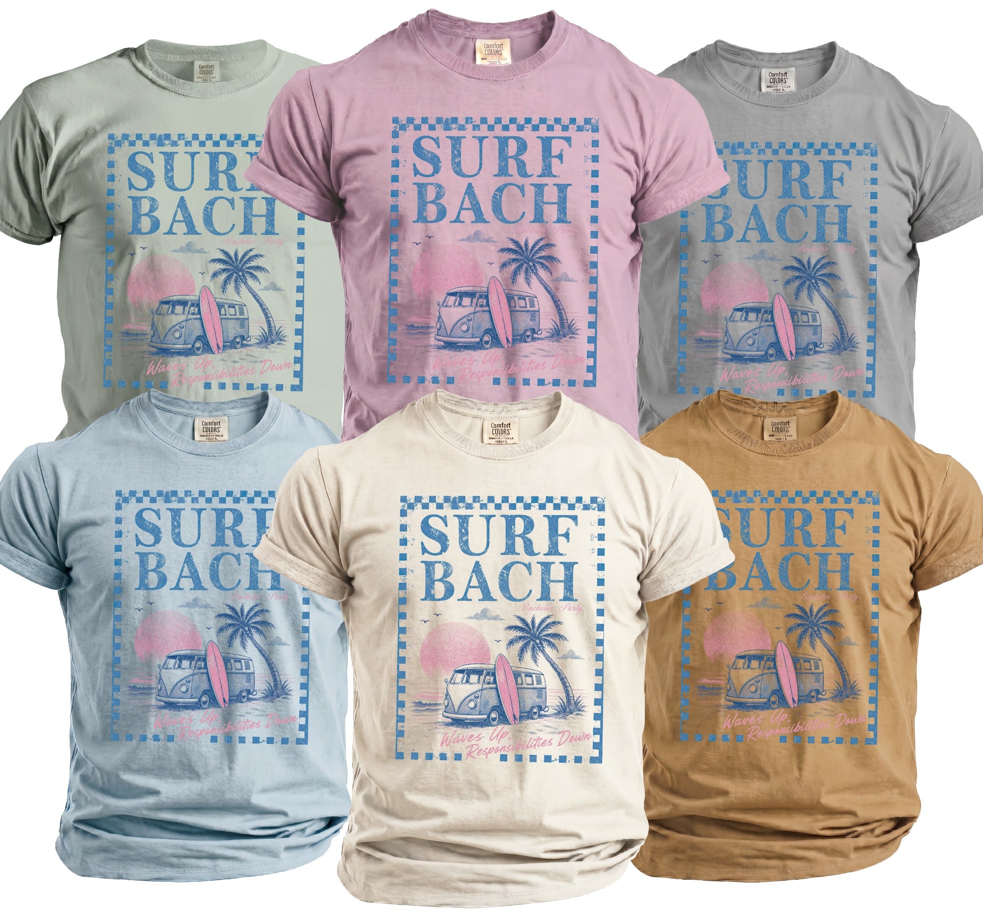 T-shirts with "Surf Bach" graphic of a van, surfboard, palm tree, and text.