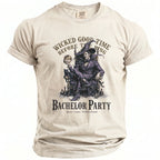 T-shirt with a gothic graphic of a man and a cat, text "Wicked Good Time Before The Ring Bachelor Party".