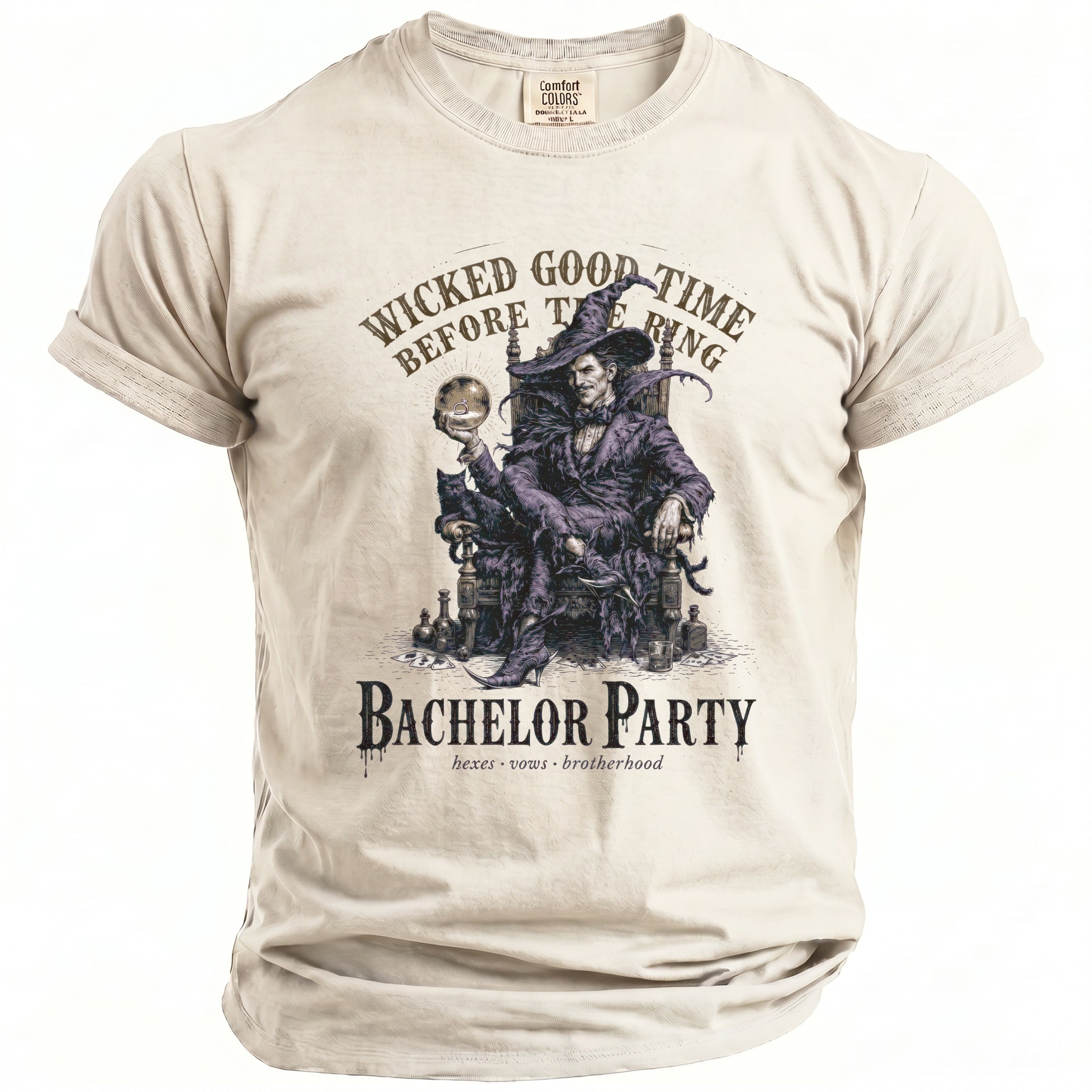T-shirt with a gothic graphic of a man and a cat, text "Wicked Good Time Before The Ring Bachelor Party".