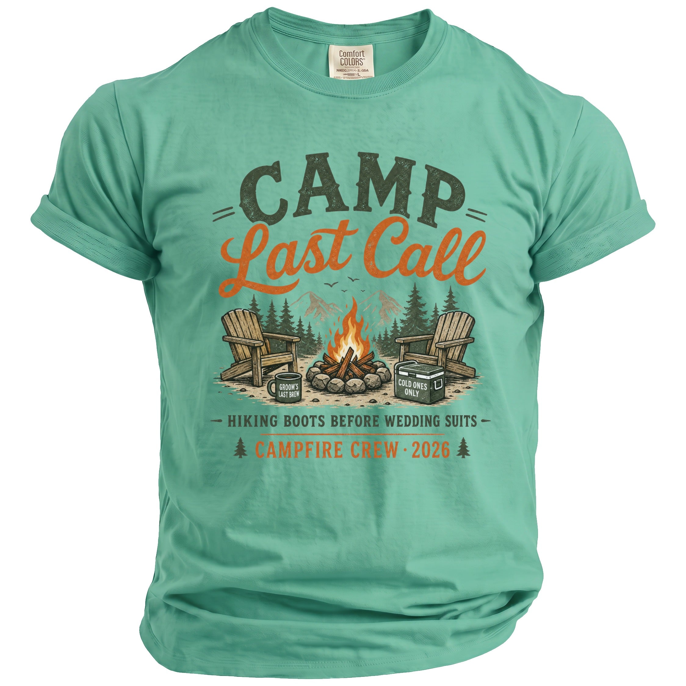 Camp Last Call design with campfire, chairs, and text "Campfire Crew 2026".