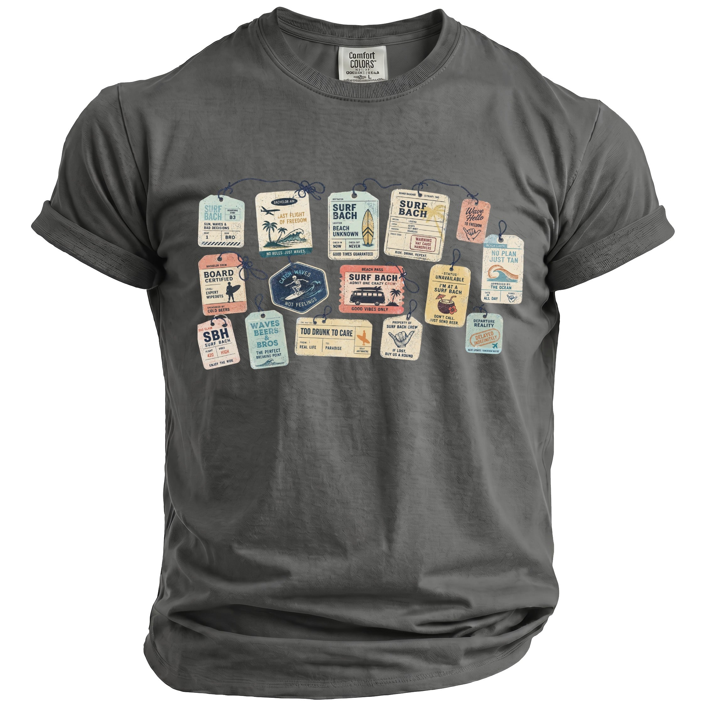 T-shirt with multiple travel tags featuring beach and surf themes.