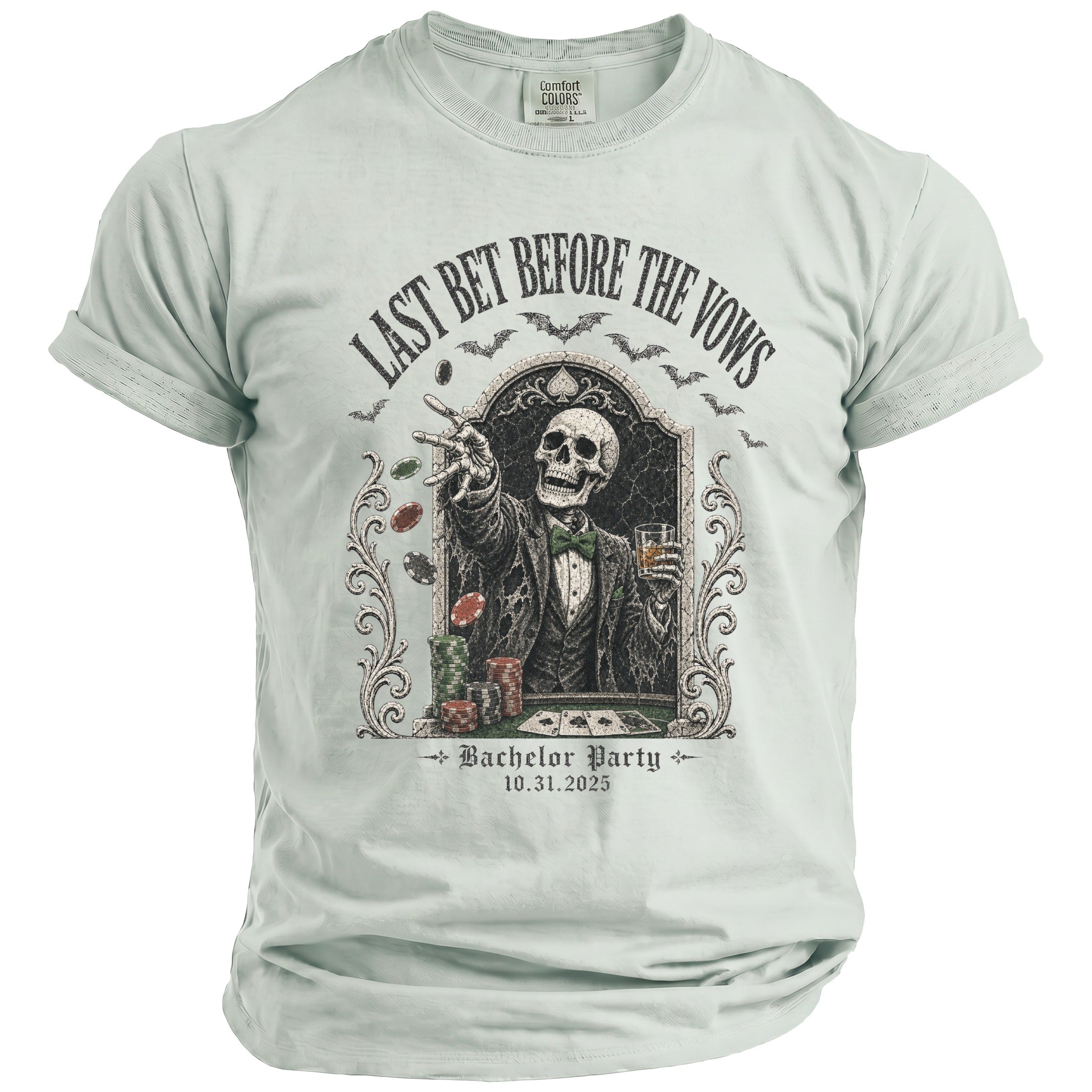 Light green t-shirt with skeleton gambling graphic and text "Last Bet Before The Vows".