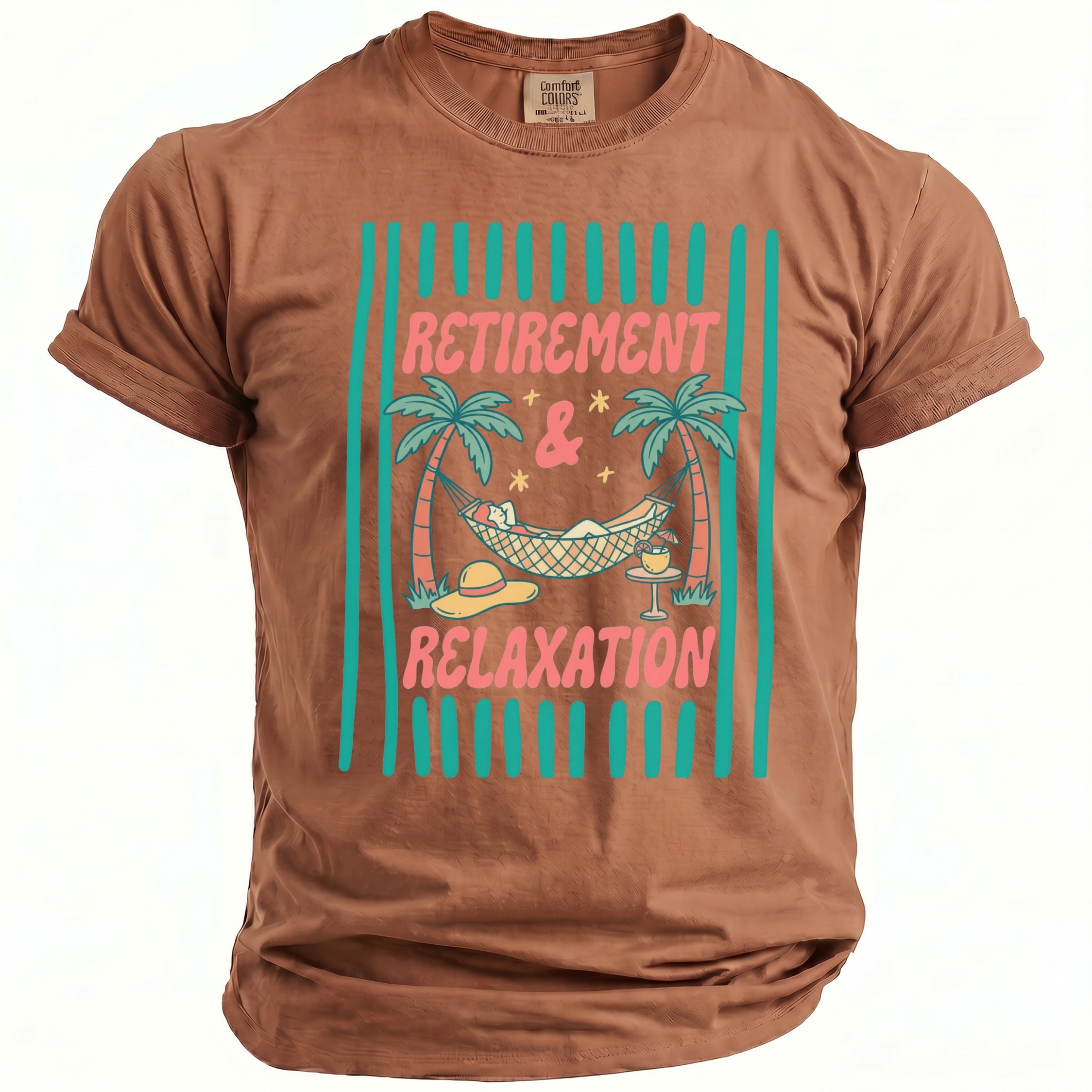 Brown t-shirt with "Retirement & Relaxation" graphic of person in hammock.