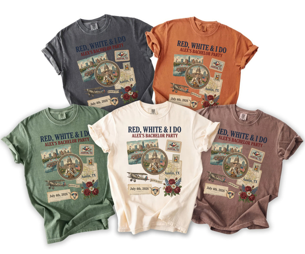 "Red, White & I Do Alex's Bachelor Party" graphic t-shirts in multiple colors.