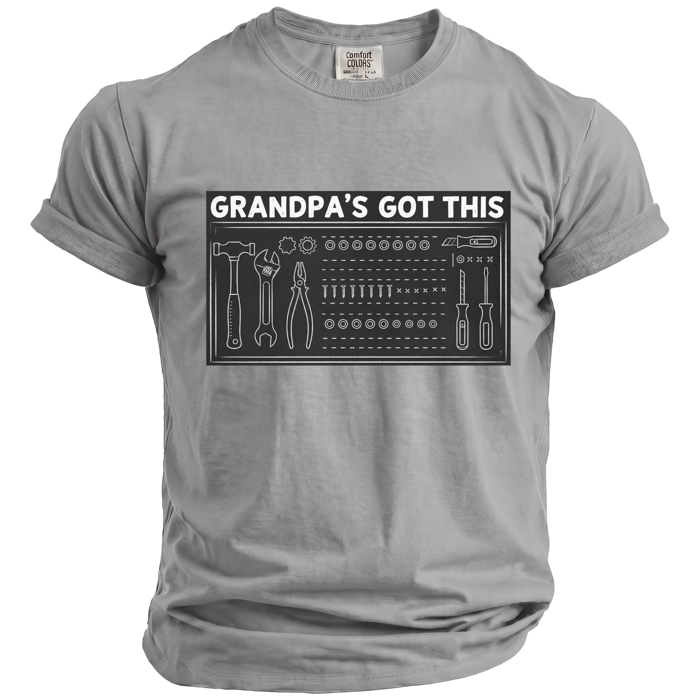 Light gray t-shirt with "GRANDPA'S GOT THIS" and a tool graphic.