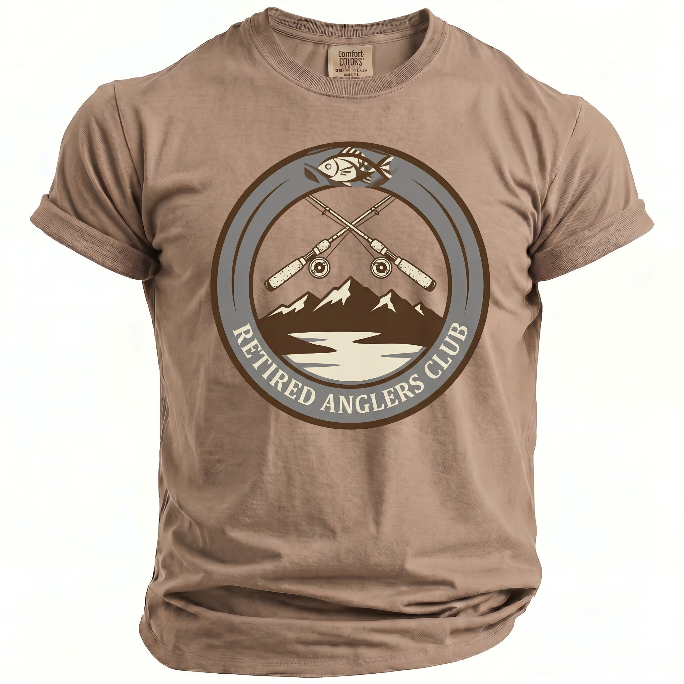 Brown t-shirt with "Retired Anglers Club" circle logo featuring fishing rods and mountains.