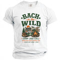 White t-shirt with "Bach in the Wild" graphic, camping scene, and "Camp Last Call" text.