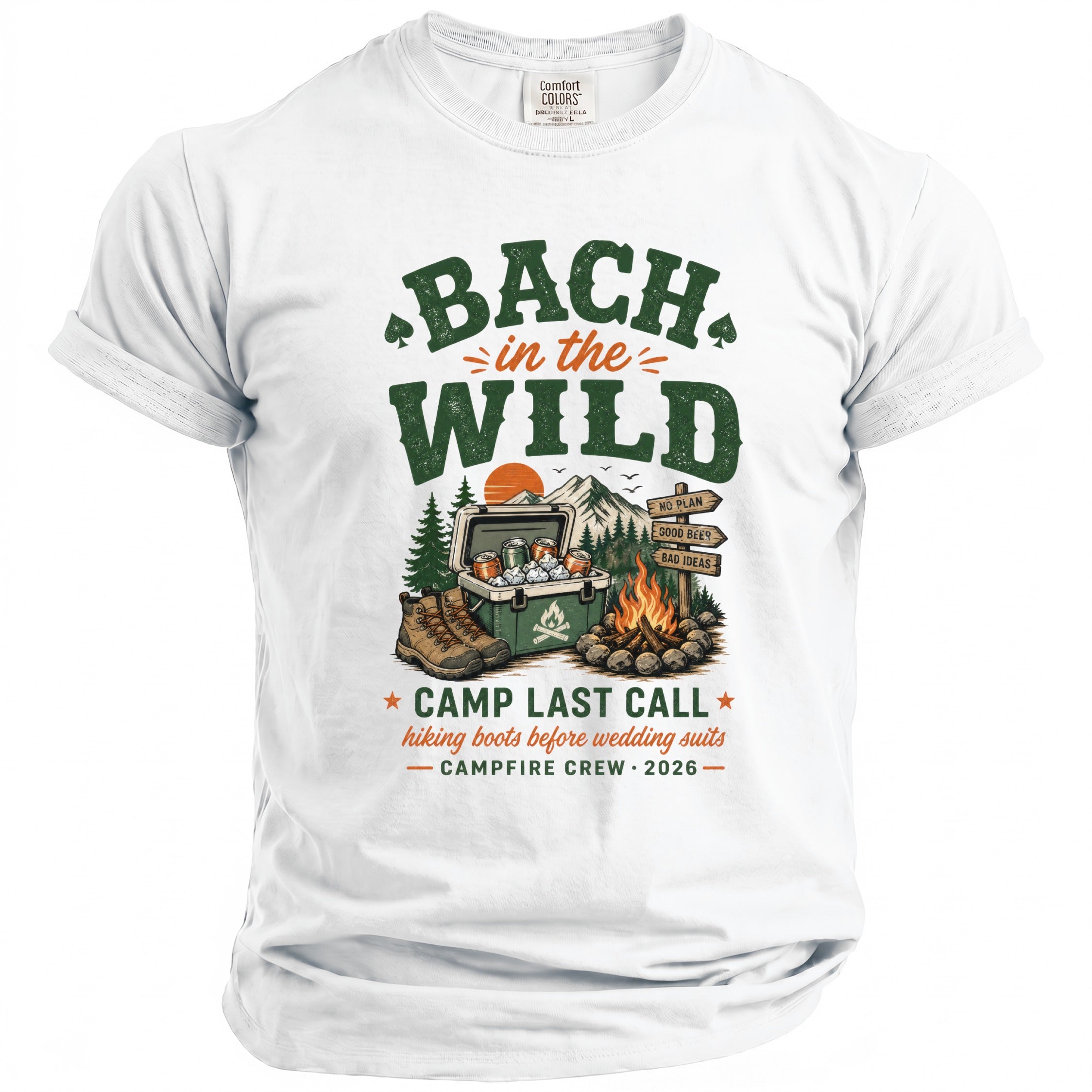 White t-shirt with "Bach in the Wild" graphic, camping scene, and "Camp Last Call" text.