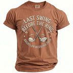 Brown t-shirt with "Last swing before the ring bachelor weekend 2026" and golf club graphic.