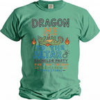 Green t-shirt with "Dragon me to the altar" and bachelor party details.
