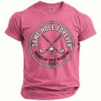 Pink t-shirt with "Same Hole Forever Bachelor Golf Weekend 2026" and crossed golf clubs.