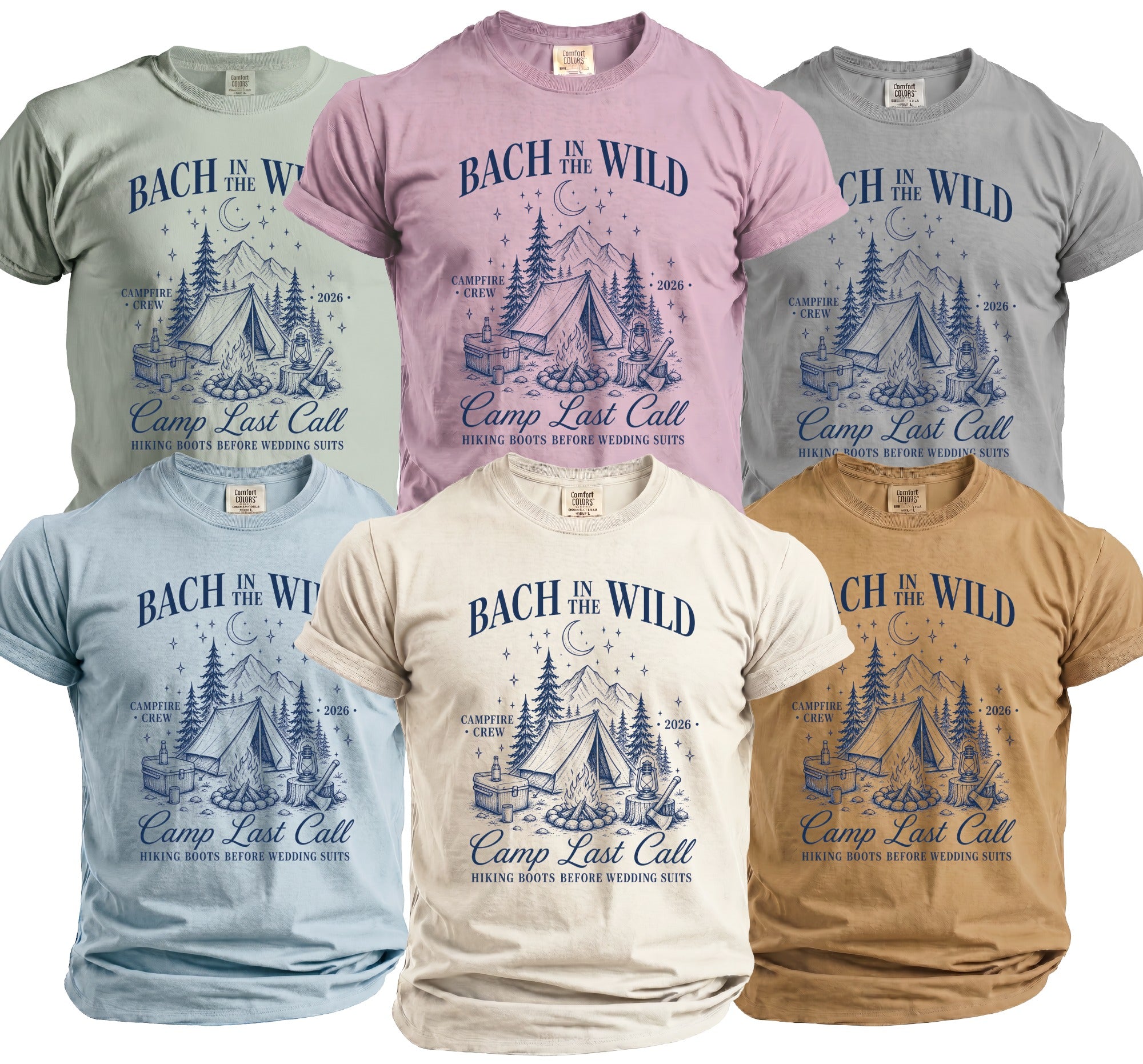 T-shirts with "Bach in the Wild" camping graphic and "Camp Last Call" text.