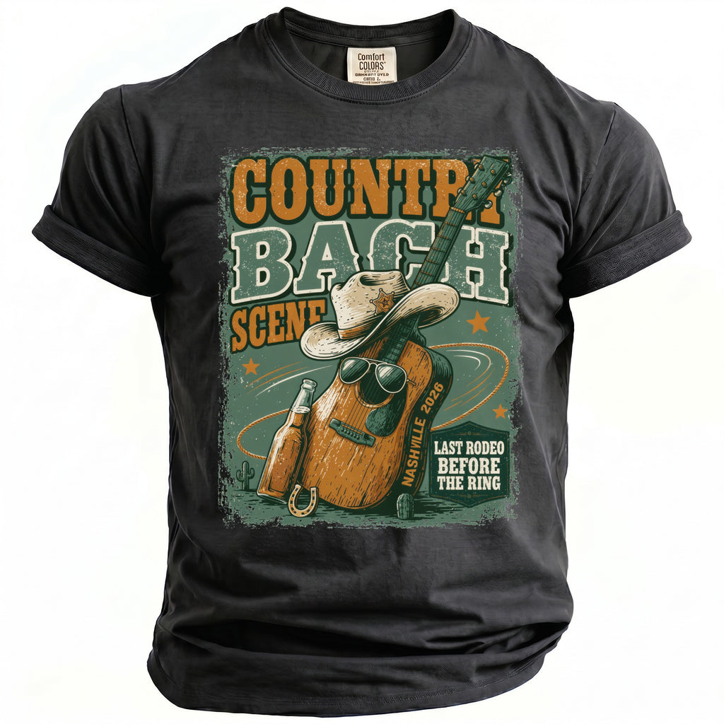 Black t-shirt with "Country Bach Scene, Nashville 2026, Last Rodeo Before The Ring" graphic.