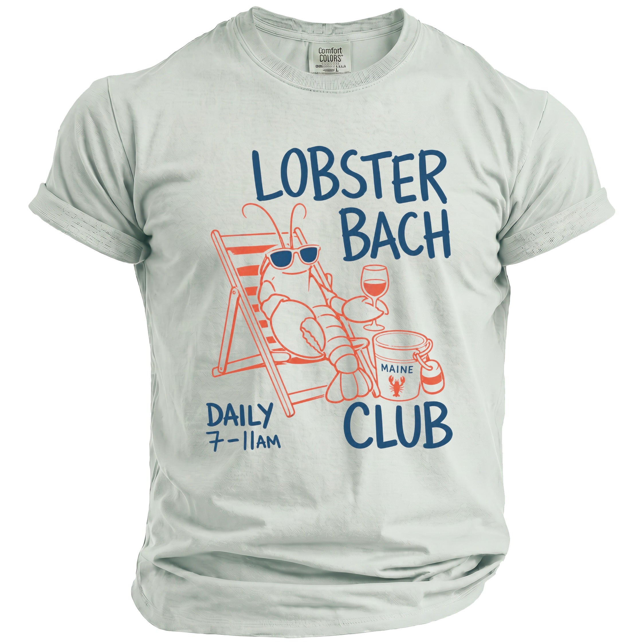 Light blue t-shirt with graphic of lobster lounging in chair, text "Lobster Bach Club".