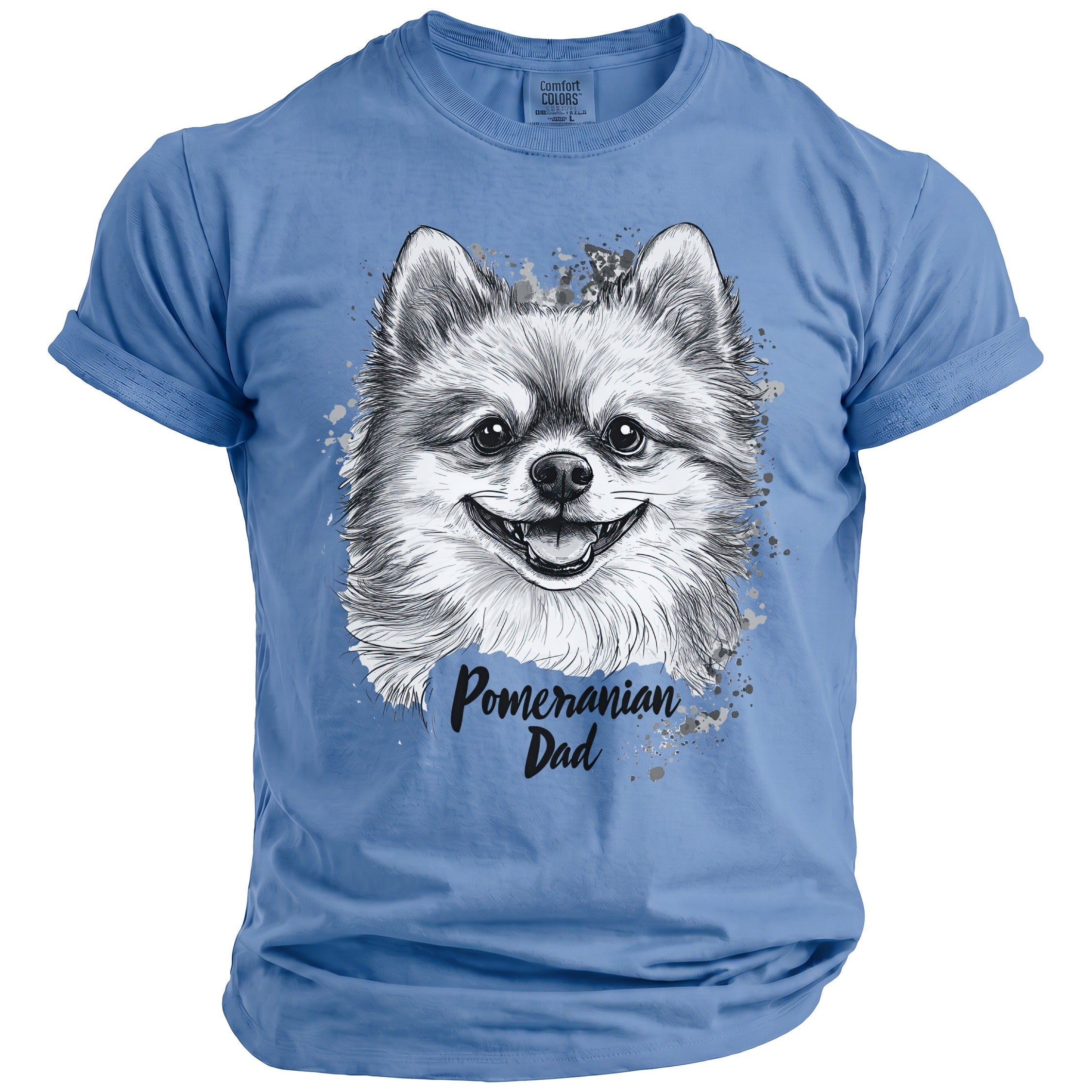 Light blue t-shirt with a black and white sketch of a smiling Pomeranian and the text "Pomeranian Dad".