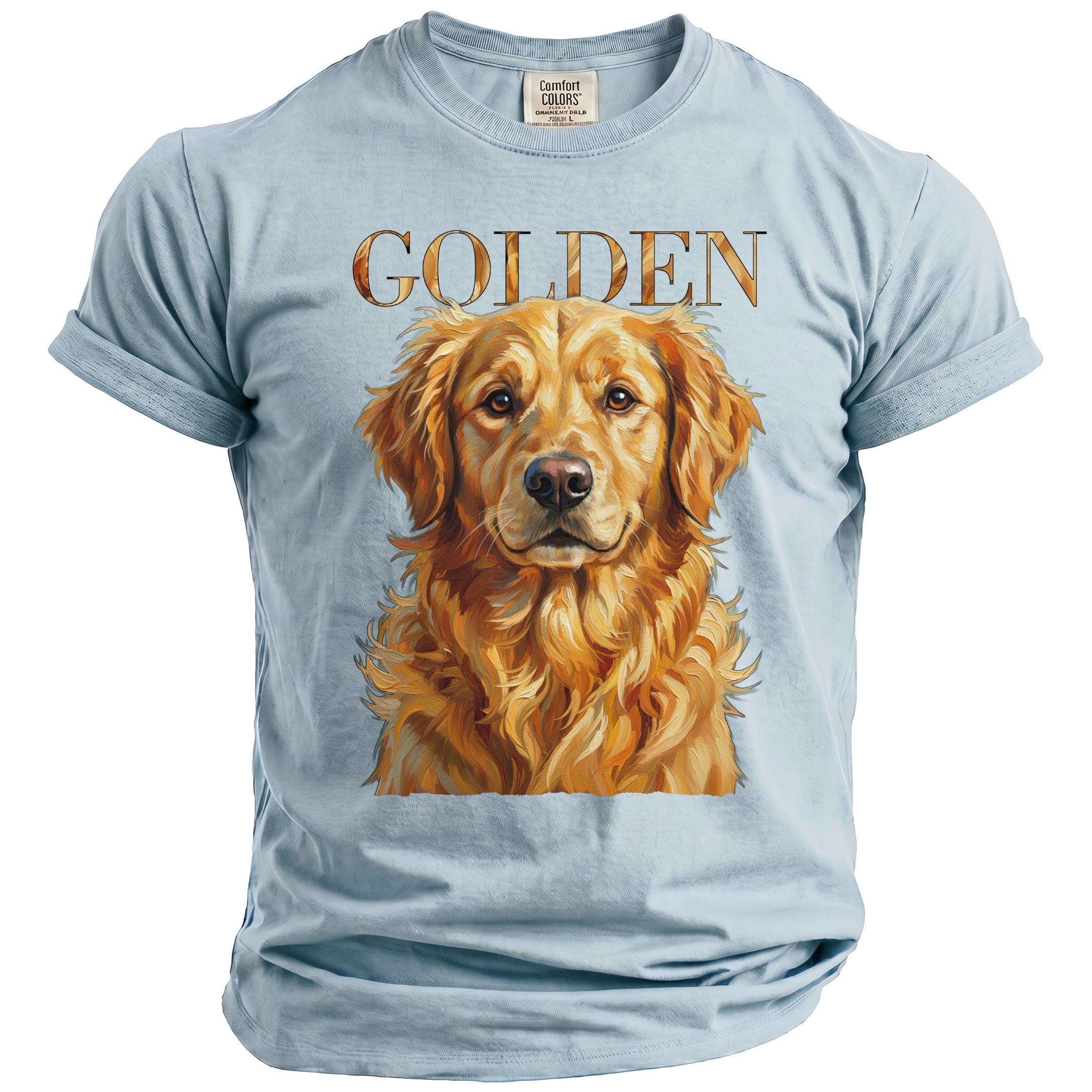 Light blue t-shirt featuring a Golden Retriever portrait with the word "GOLDEN" above.