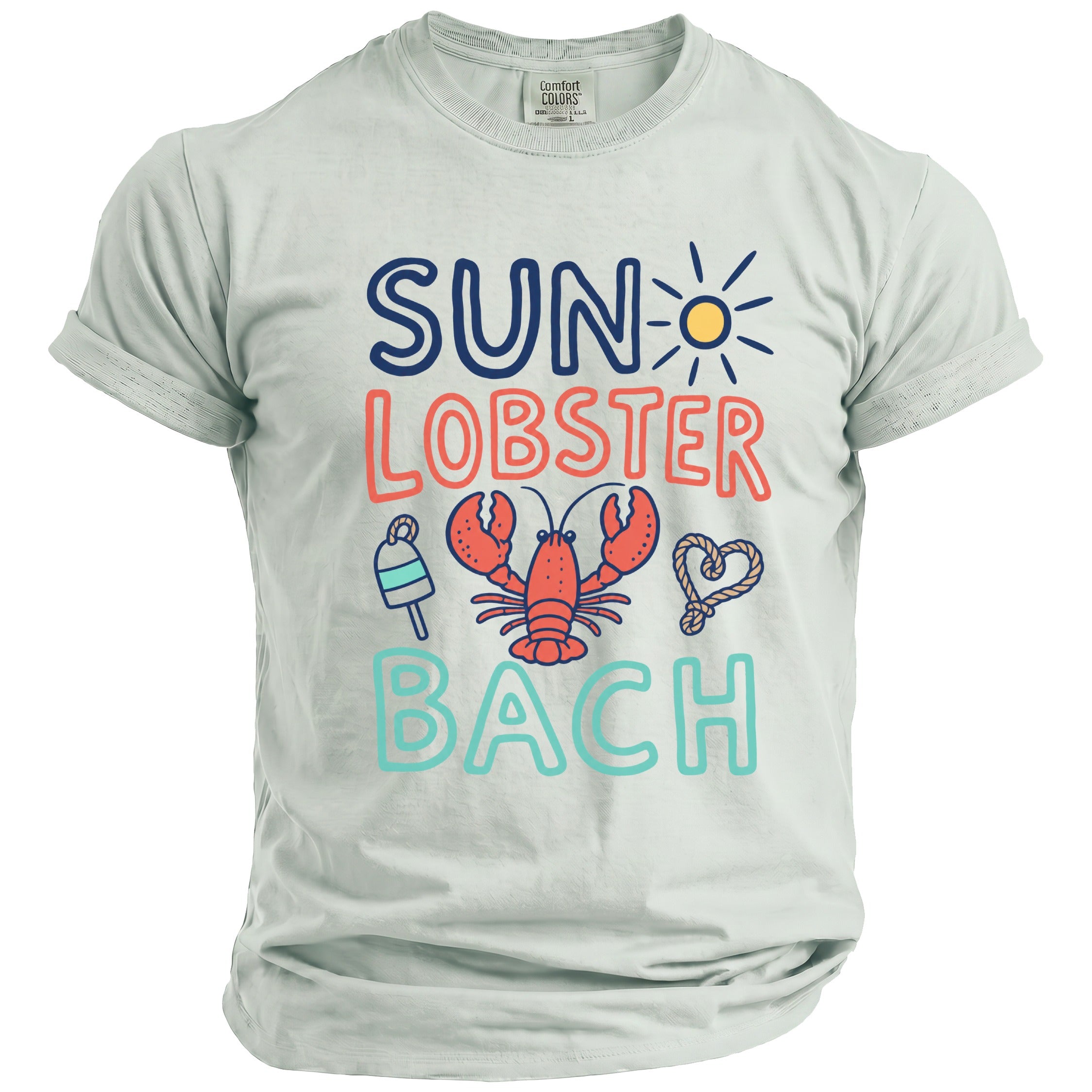 T-shirt with "SUN LOBSTER BACH" text, lobster, buoy, and rope heart design.