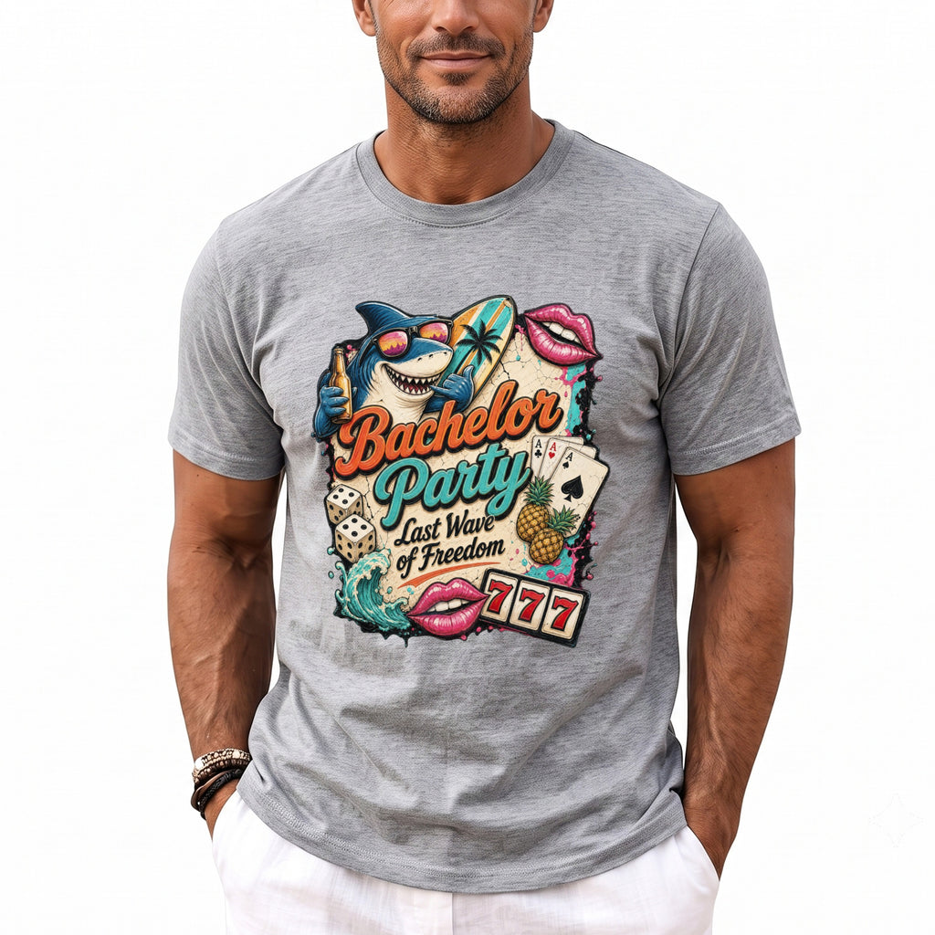 Grey t-shirt with "Bachelor Party Last Wave of Freedom" graphic featuring shark, surf, lips, and slot machine.