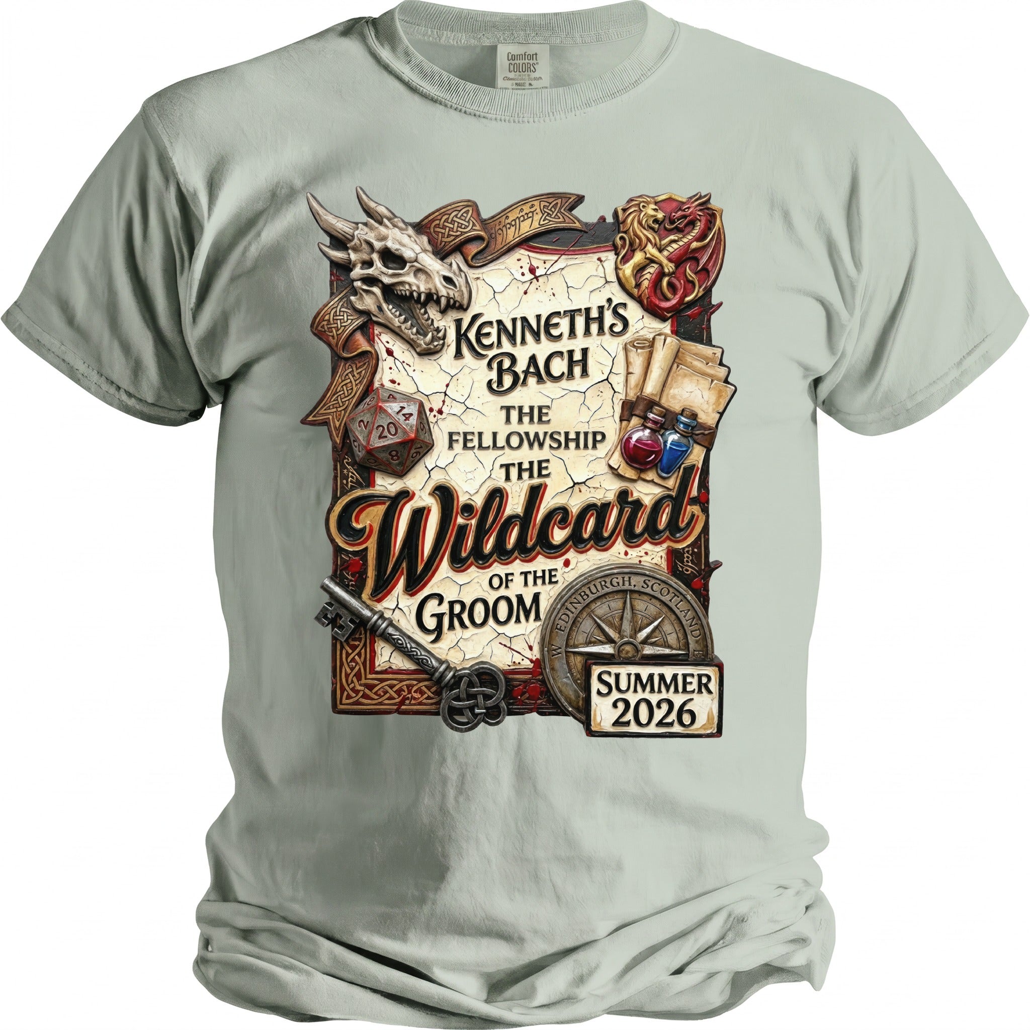 T-shirt with "Kenneth's Bach The Fellowship The Wildcard of the Groom Summer 2026" design.