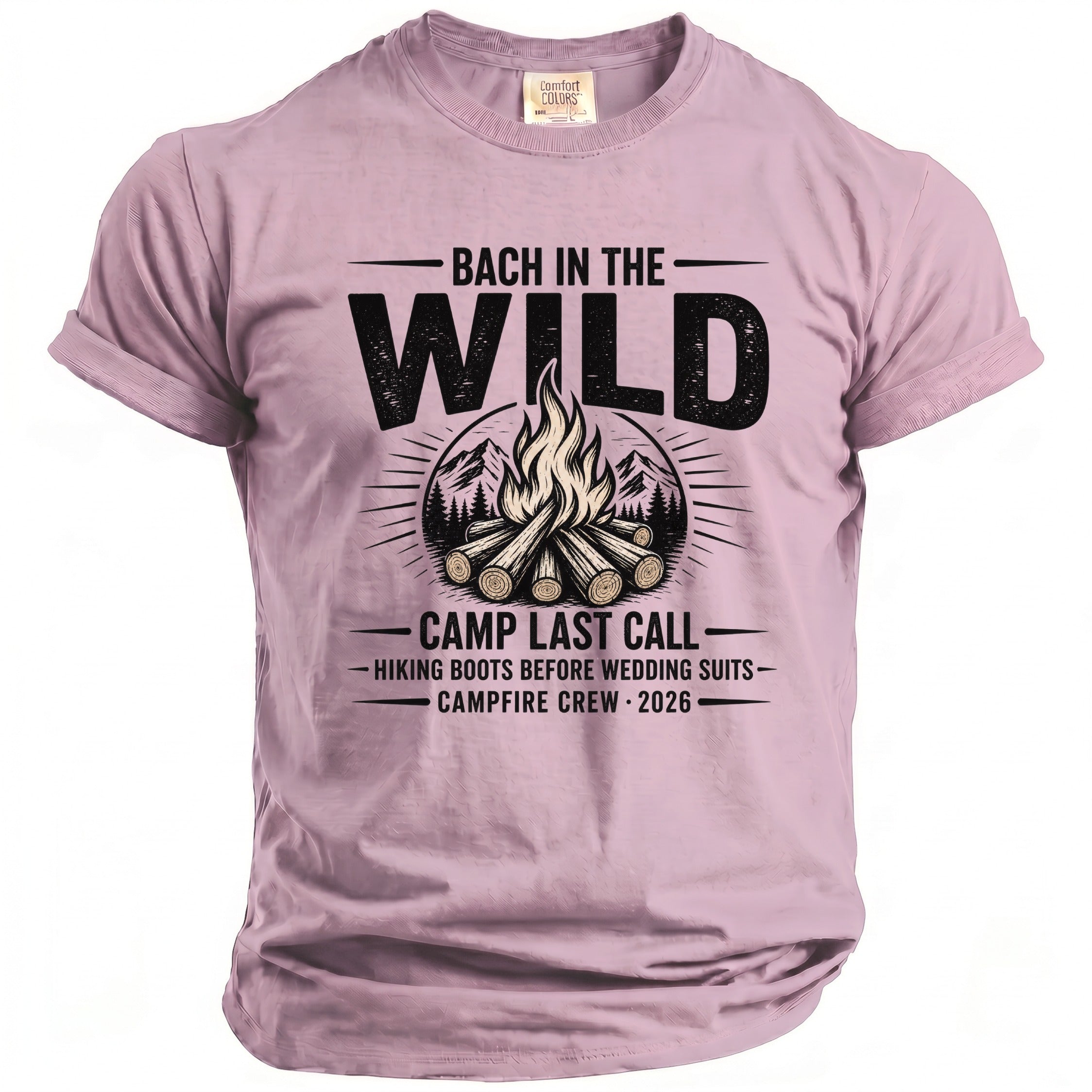 Pink t-shirt with "Bach in the Wild, Camp Last Call" design.