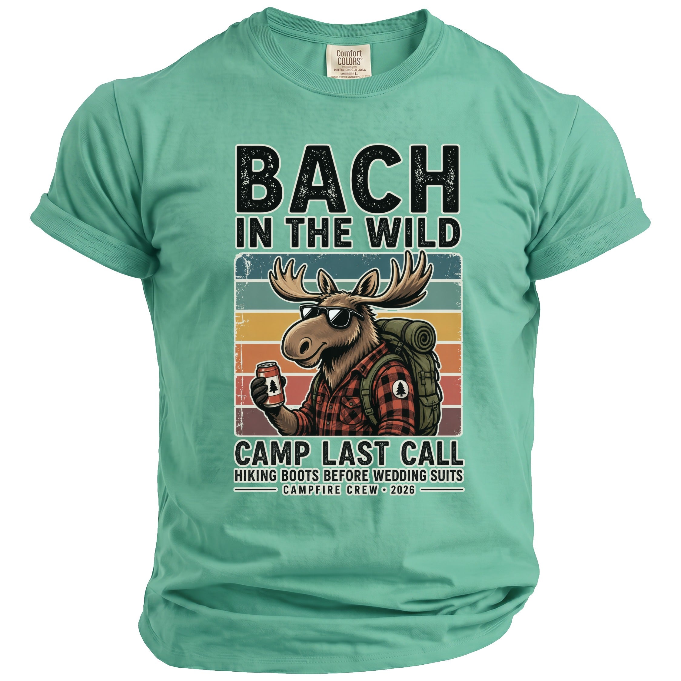 Green t-shirt with "Bach in the Wild" and moose graphic.