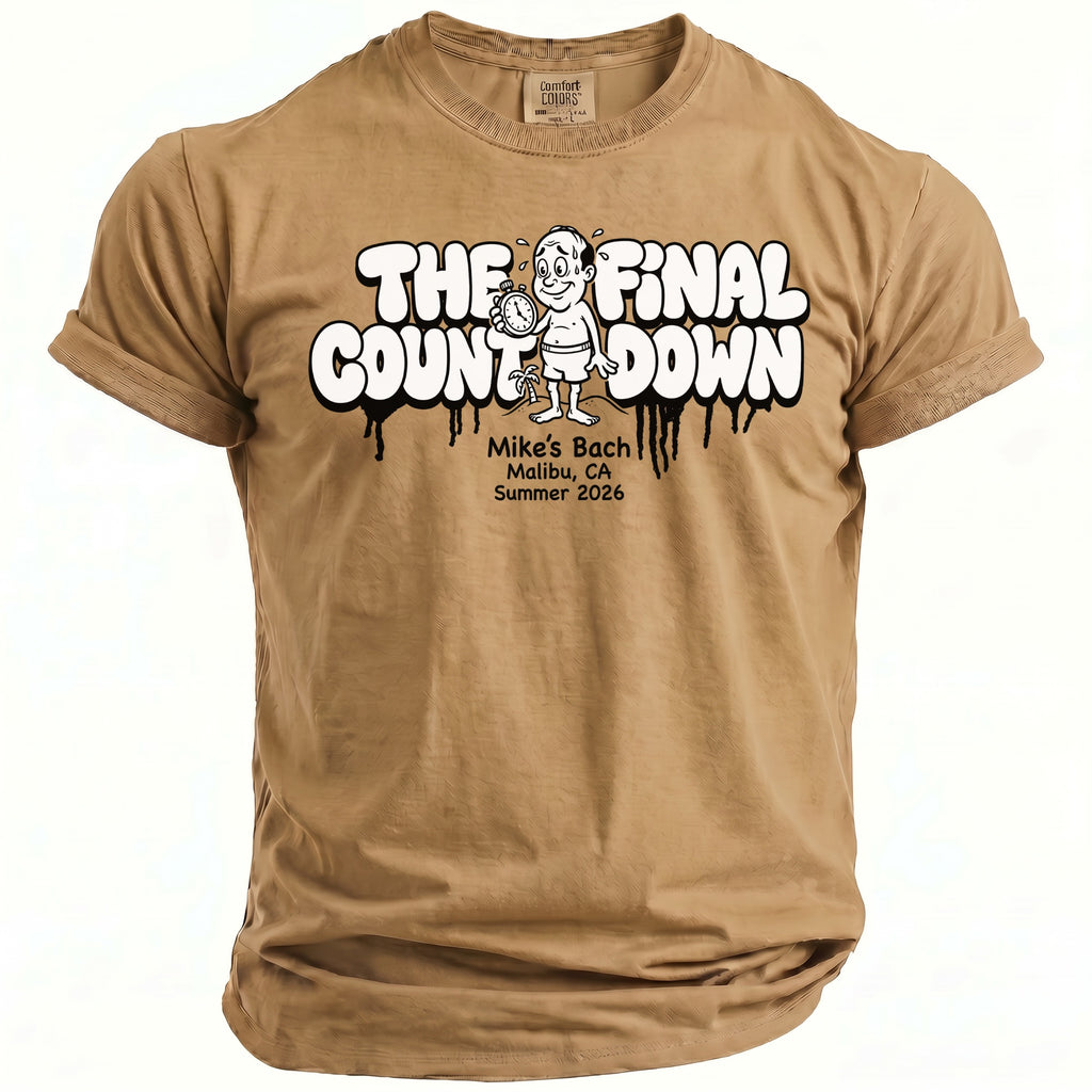 Sand Comfort Colors t-shirt with "The Final Countdown" text and cartoon.