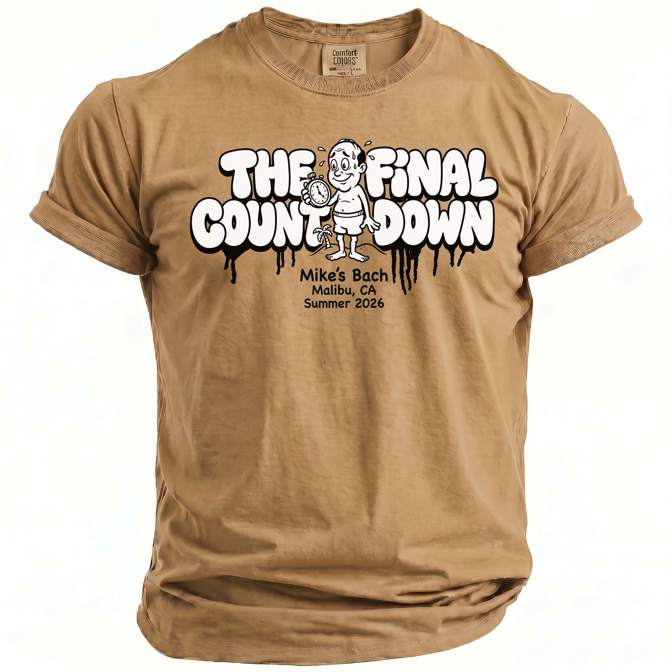 Sand Comfort Colors t-shirt with "The Final Countdown" text and cartoon.
