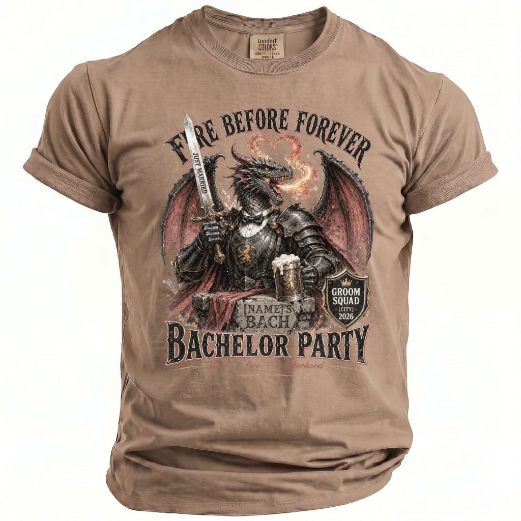 T-shirt with dragon graphic, sword, beer mug, and text.