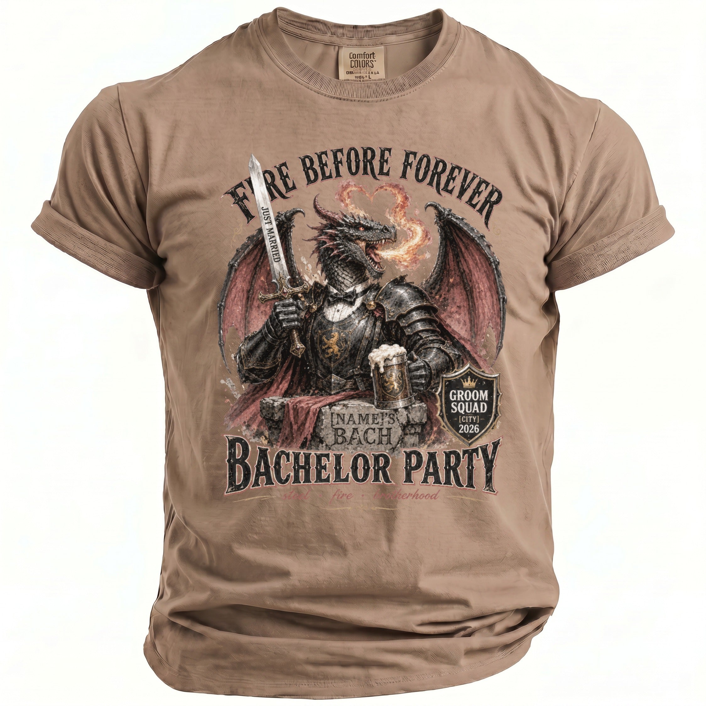T-shirt with dragon graphic, sword, beer mug, and text.
