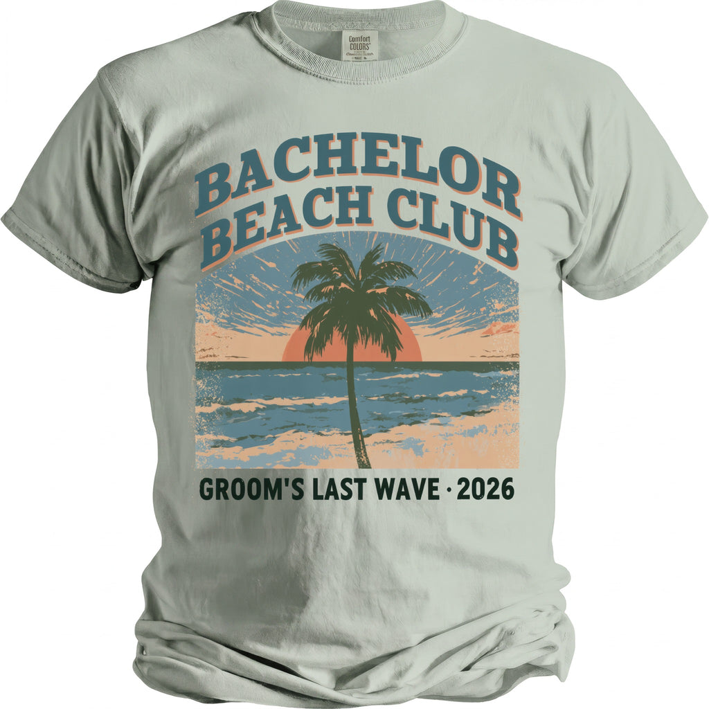 Light grey t-shirt with "Bachelor Beach Club Groom's Last Wave 2026" graphic.