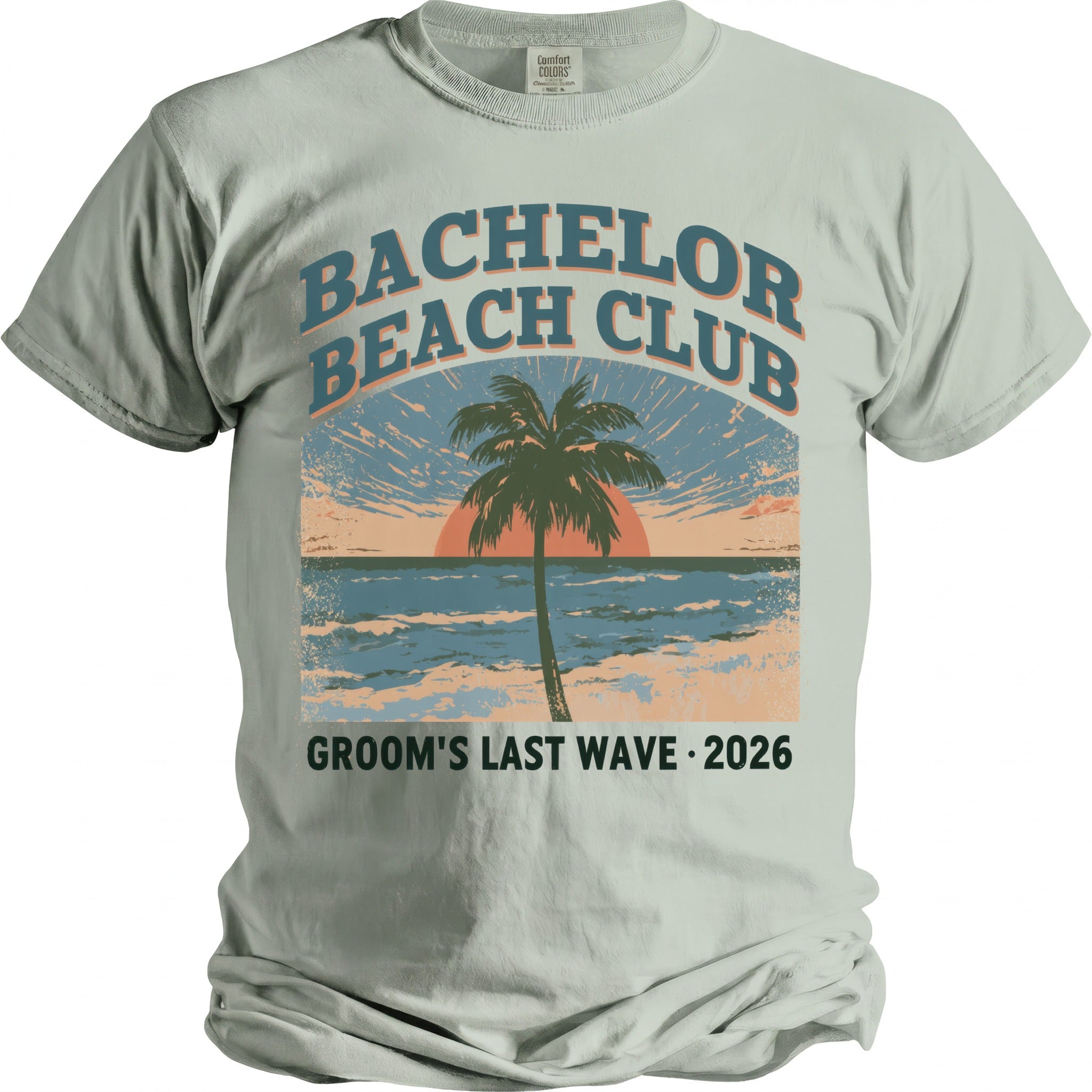 Light grey t-shirt with "Bachelor Beach Club Groom's Last Wave 2026" graphic.