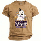Tan t-shirt with a cartoon ghost wearing a witch hat and "GROOM" sash, "SPOOKY BOOZE CREW TYLER'S BACHELOR BASH" text.