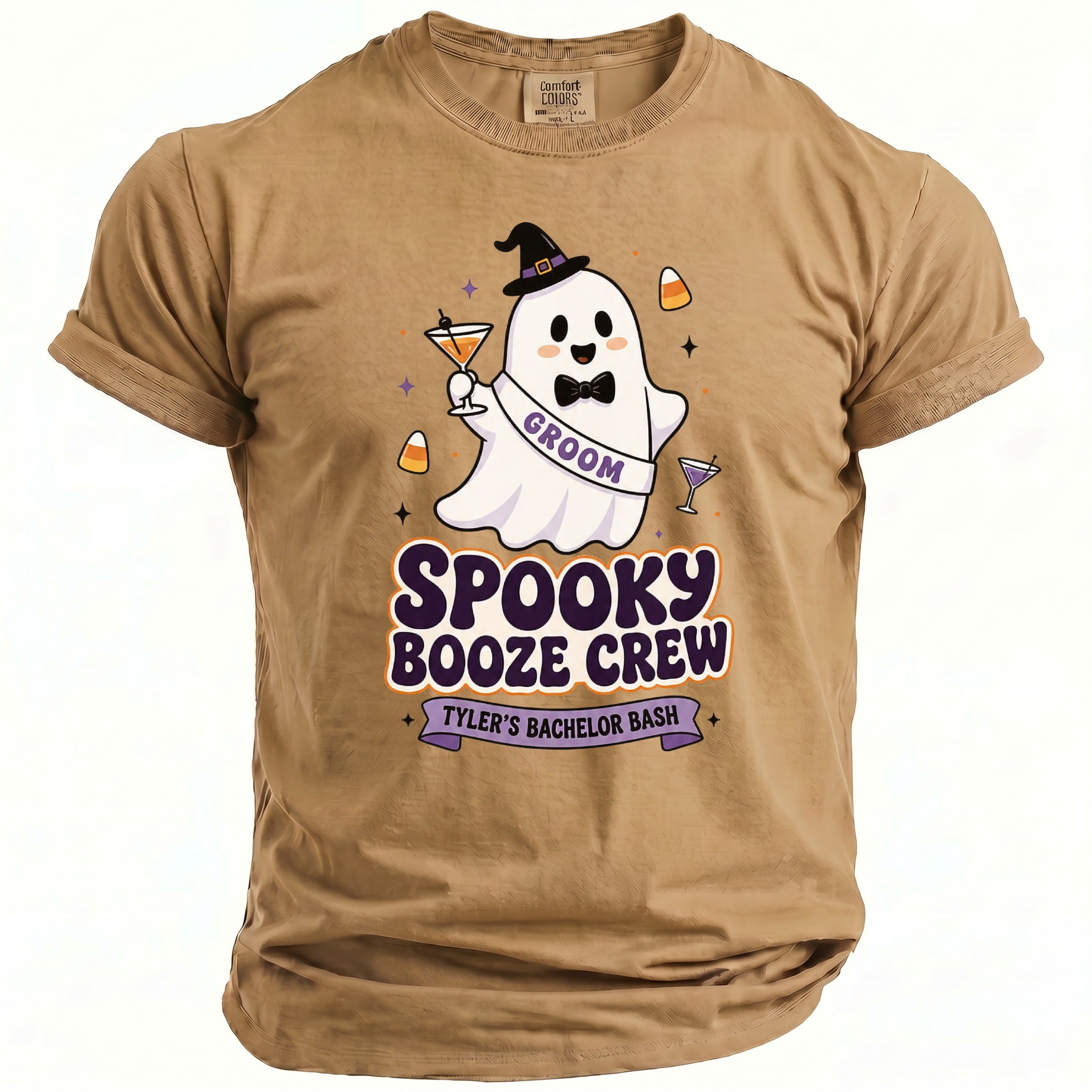Tan t-shirt with a cartoon ghost wearing a witch hat and "GROOM" sash, "SPOOKY BOOZE CREW TYLER'S BACHELOR BASH" text.