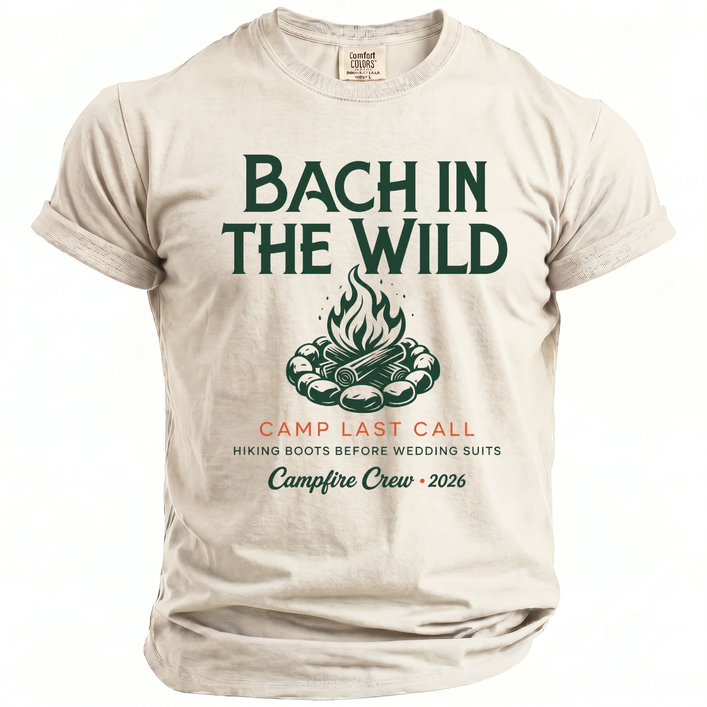 Cream t-shirt with "Bach In The Wild" text and campfire graphic.