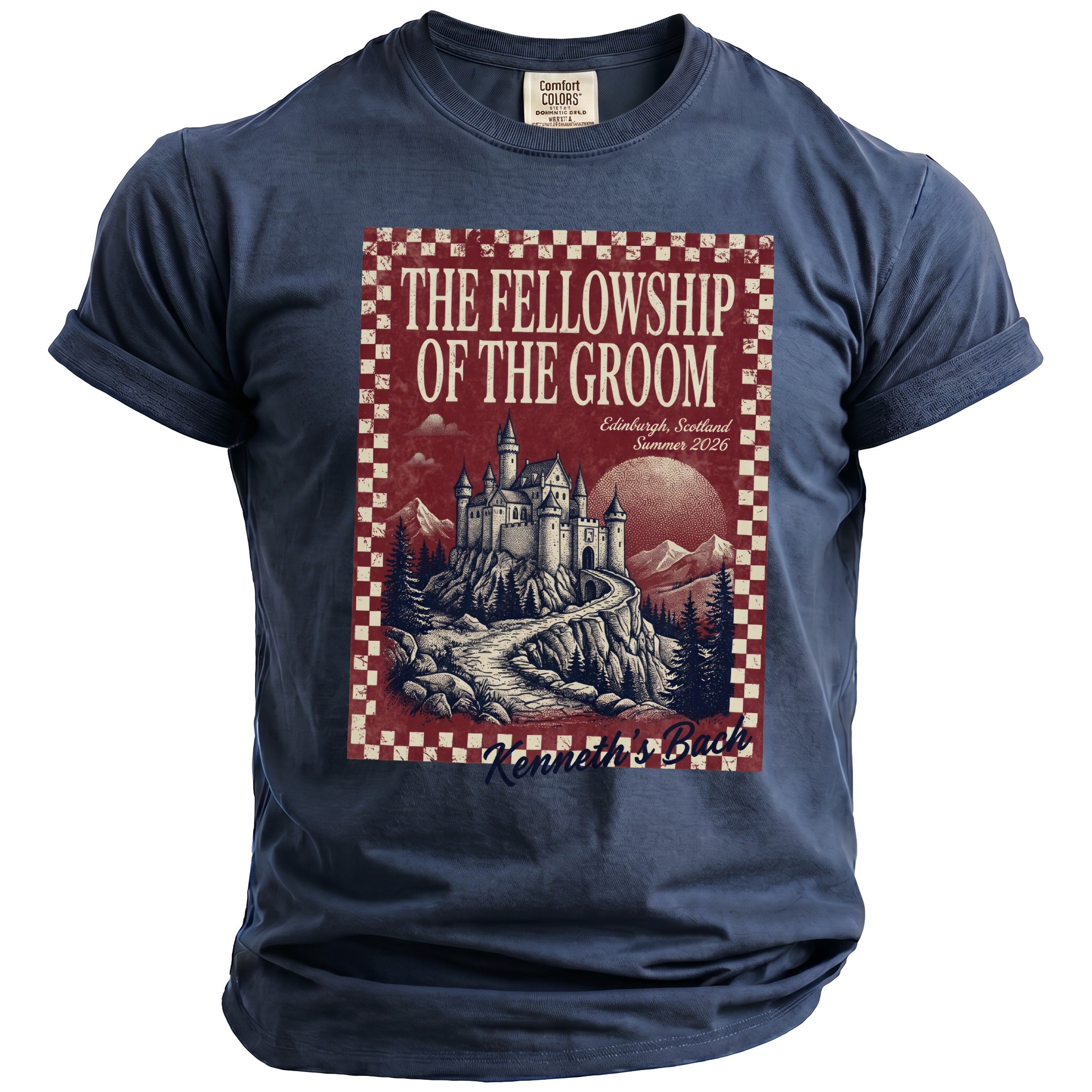 Dark blue t-shirt with "The Fellowship of the Groom" design and castle artwork.