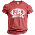 Red t-shirt with "Best Man Officially Appointed Bachelor Party 2026" graphic.