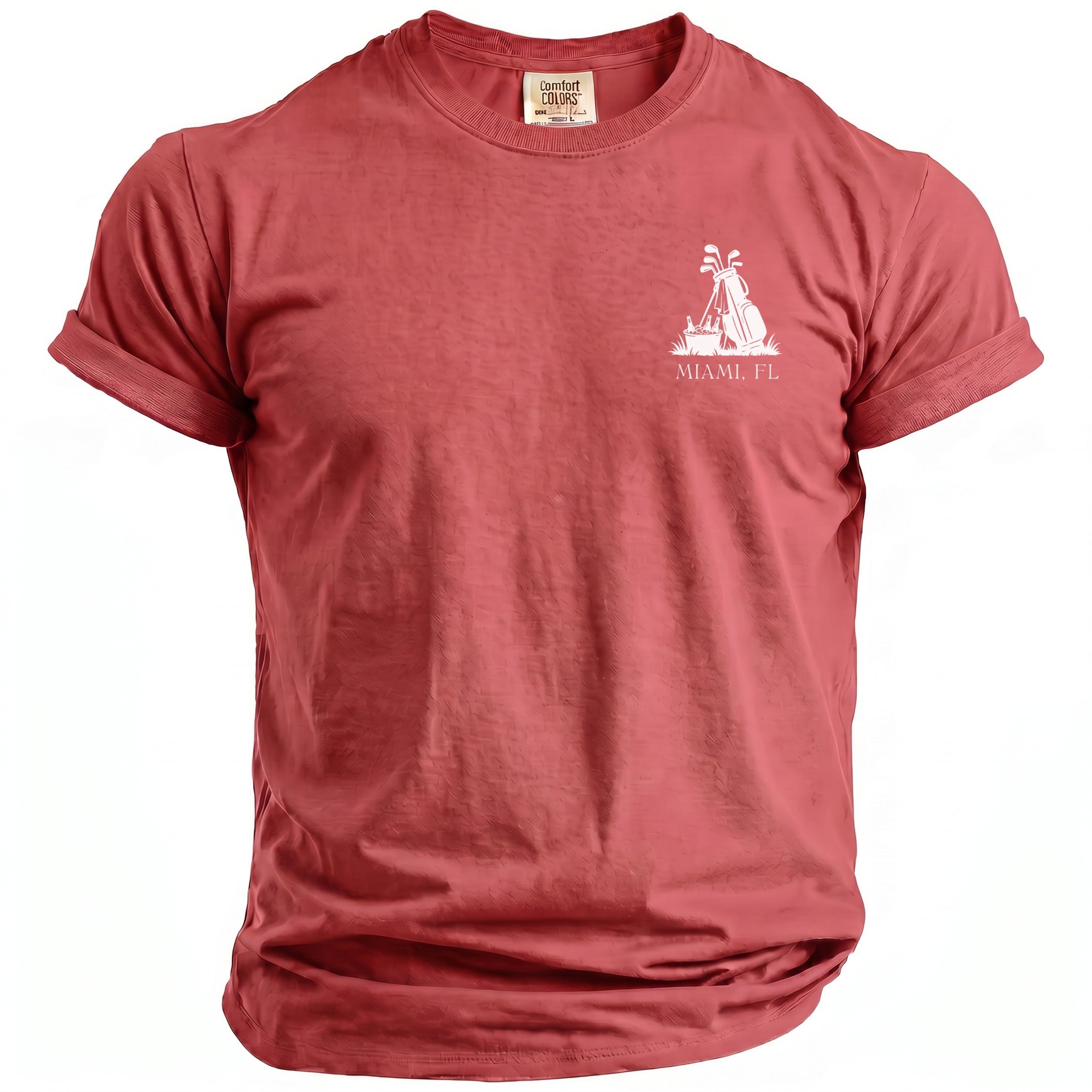 Red t-shirt with golf bag graphic and "MIAMI, FL" text.