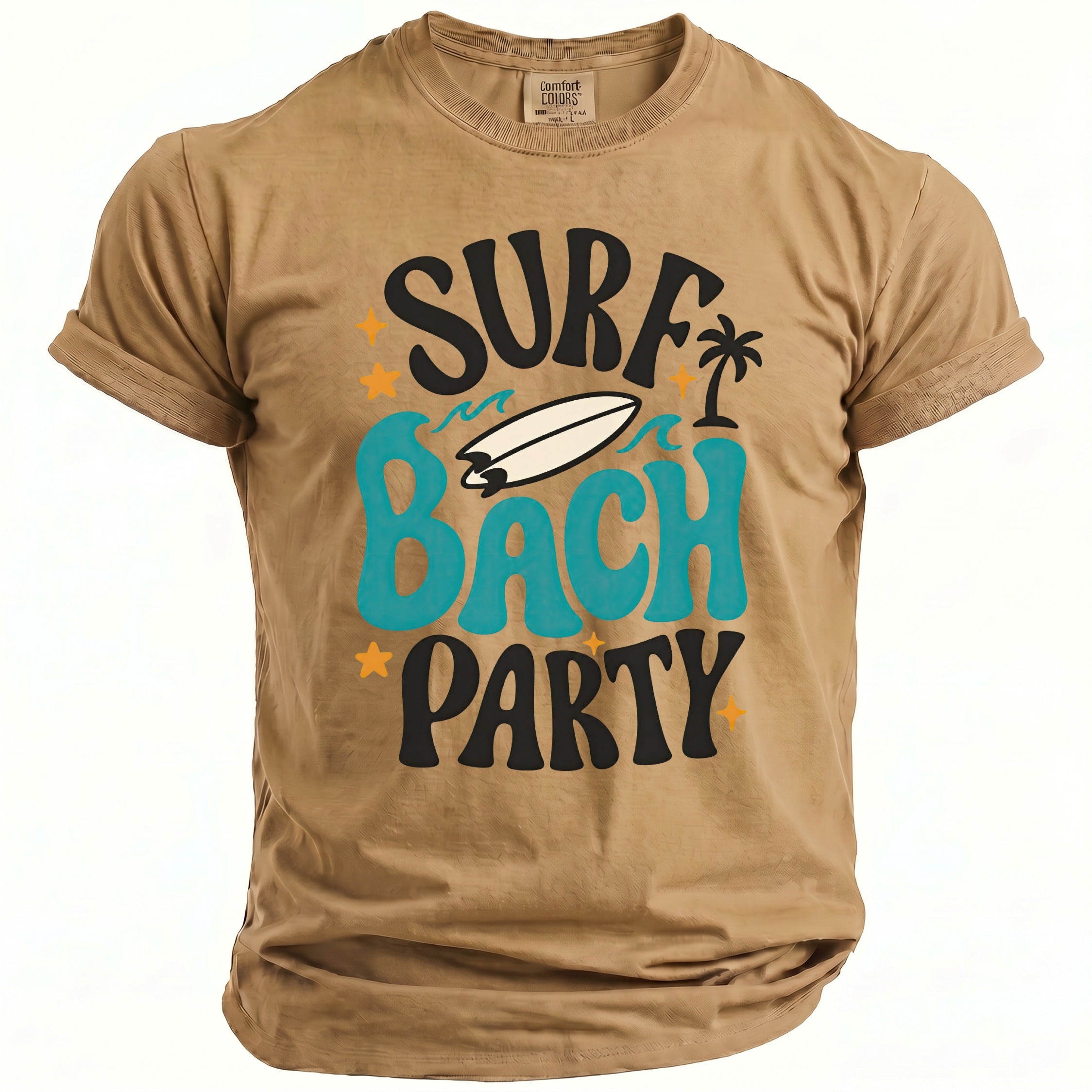 Tan t-shirt with "Surf Bach Party" graphic, surfboard, waves, and palm tree.