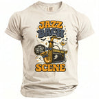 T-shirt graphic with "Jazz Bach Scene" text, saxophone, amp, and cocktail.