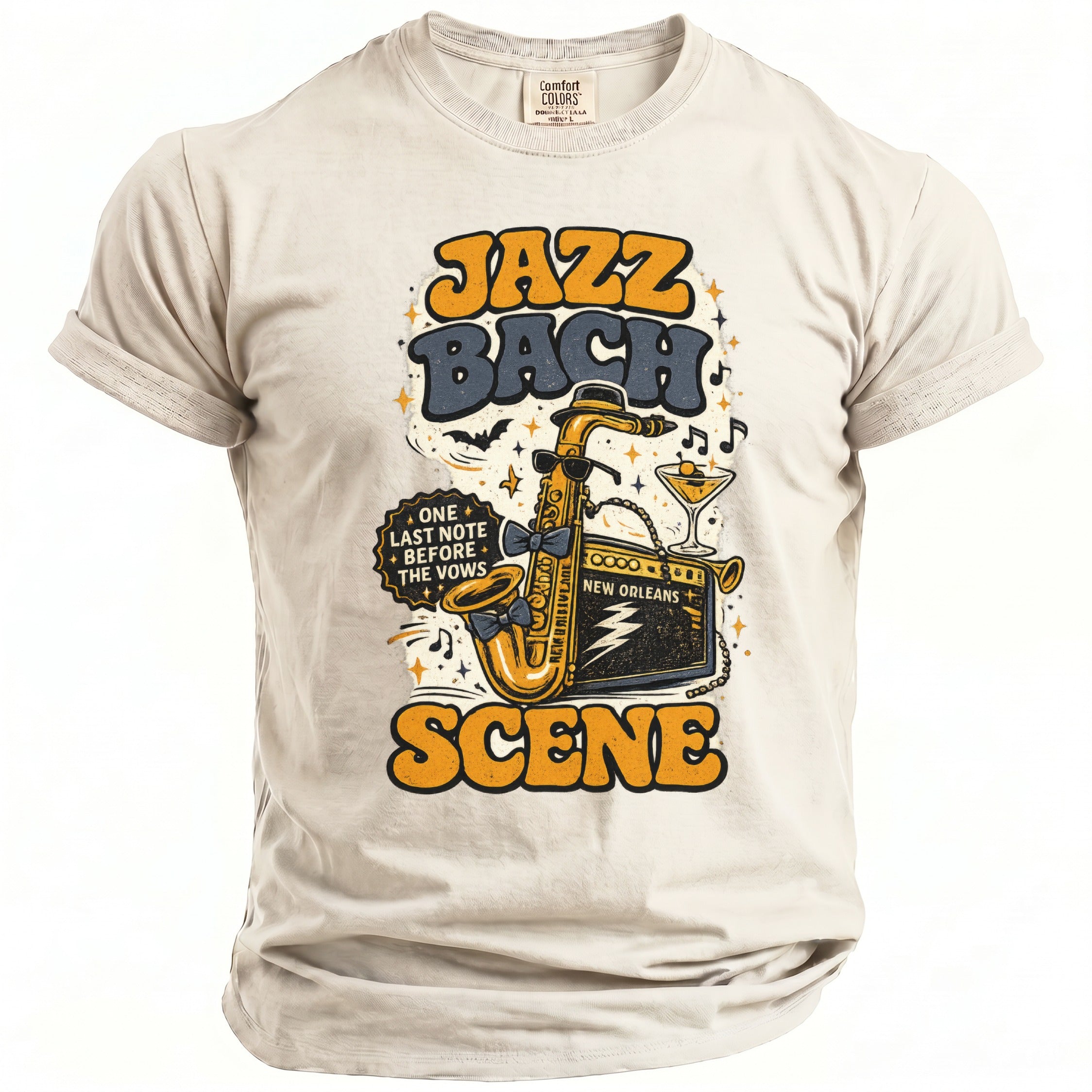 T-shirt graphic with "Jazz Bach Scene" text, saxophone, amp, and cocktail.