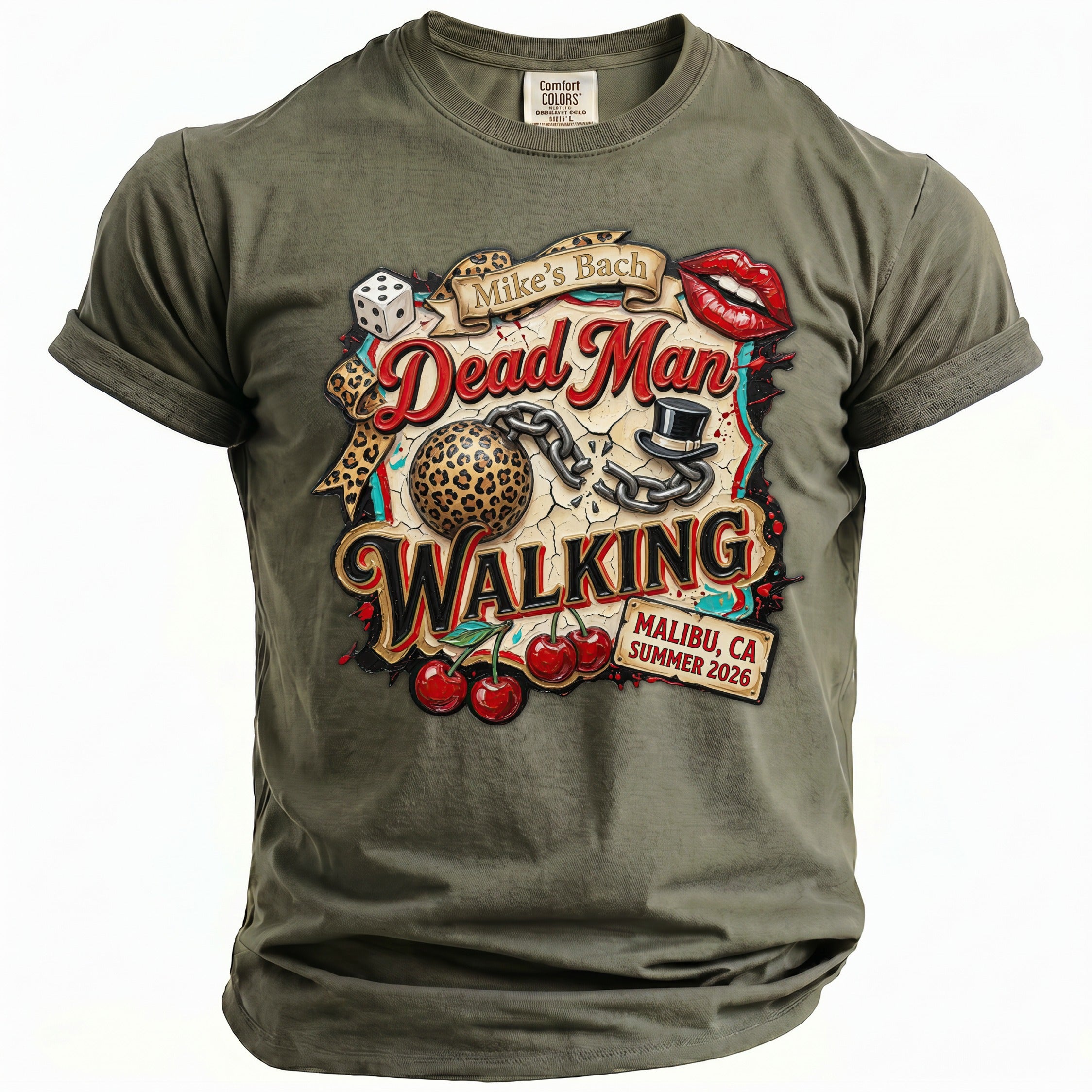 Olive green t-shirt with "Mike's Bach Dead Man Walking" graphic and summer 2026 date.