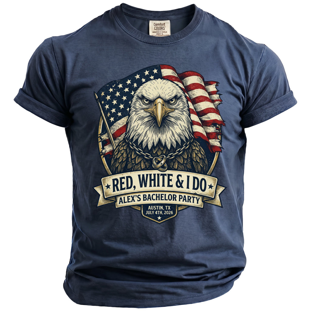 Navy t-shirt with an eagle, American flag, and text "Red, White & I Do" for Alex's Bachelor Party.