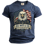 Navy t-shirt with an eagle, American flag, and text "Red, White & I Do" for Alex's Bachelor Party.