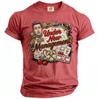 Shirt graphic: man with worried expression, "Under New Management," keys, rings, and "Mike's Bach" text.