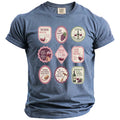 Blue t-shirt with nine circular wine-themed graphics and text.