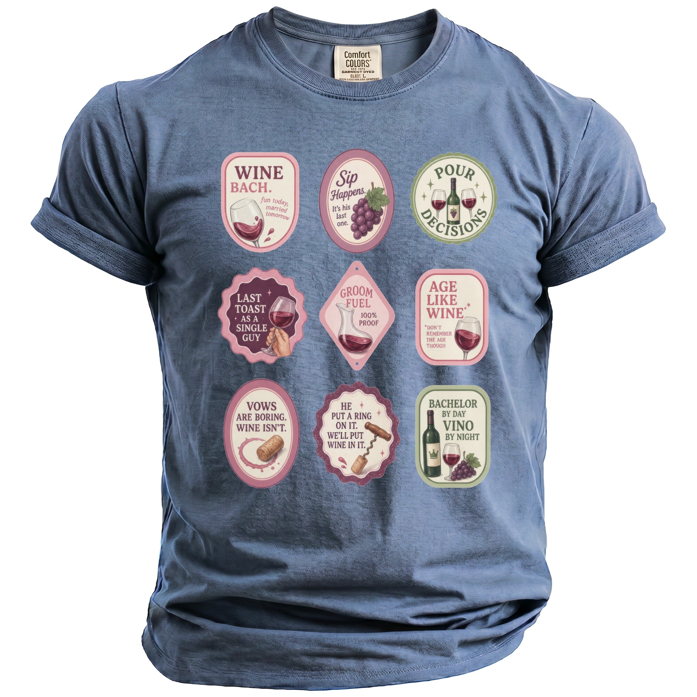 Blue t-shirt with nine circular wine-themed graphics and text.