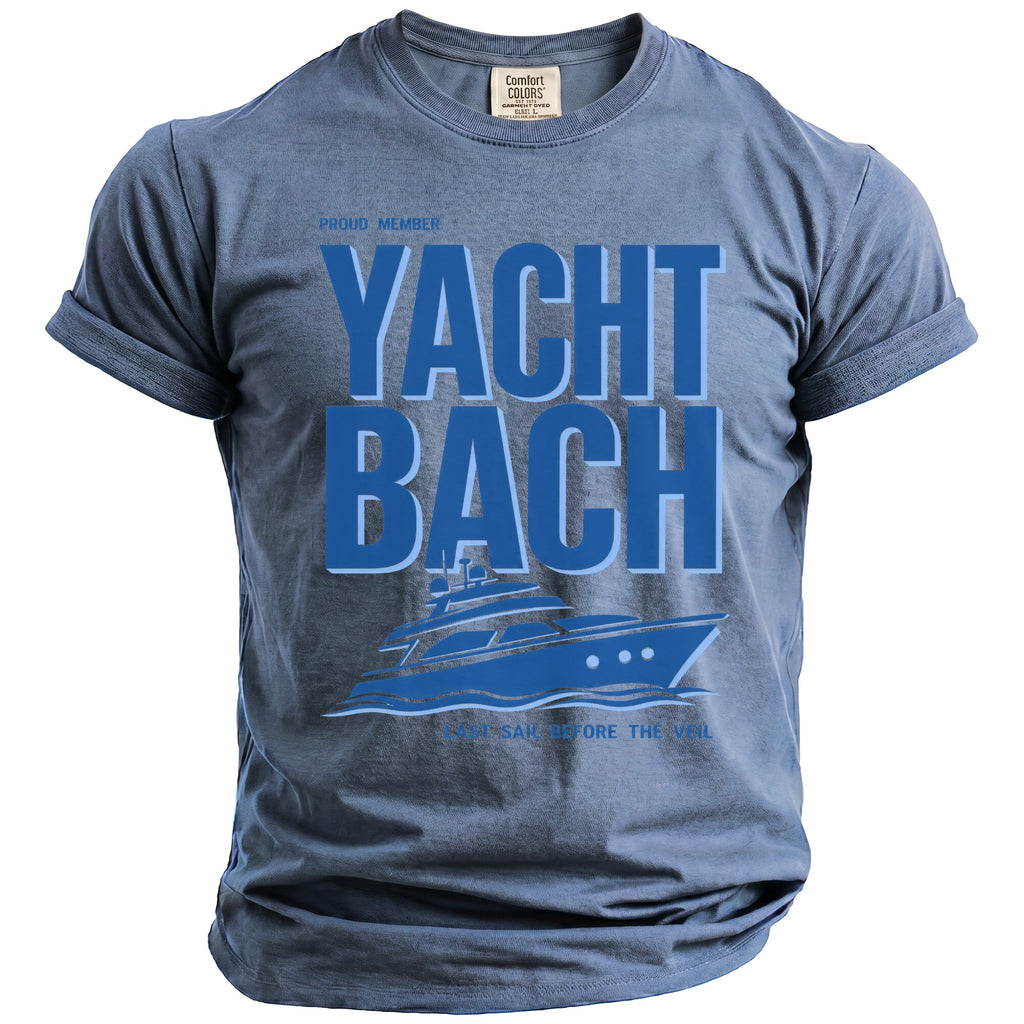Blue t-shirt with "Proud Member Yacht Bach" and a yacht graphic.